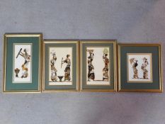 Four framed and glazed African tribal collages made from butterfly wings. One signed Joshua