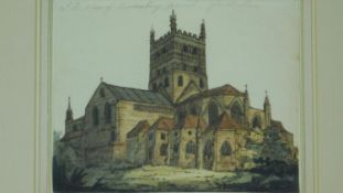 A framed and glazed watercolour depicting Tewksbury church by Thomas Moule. 34x30cm
