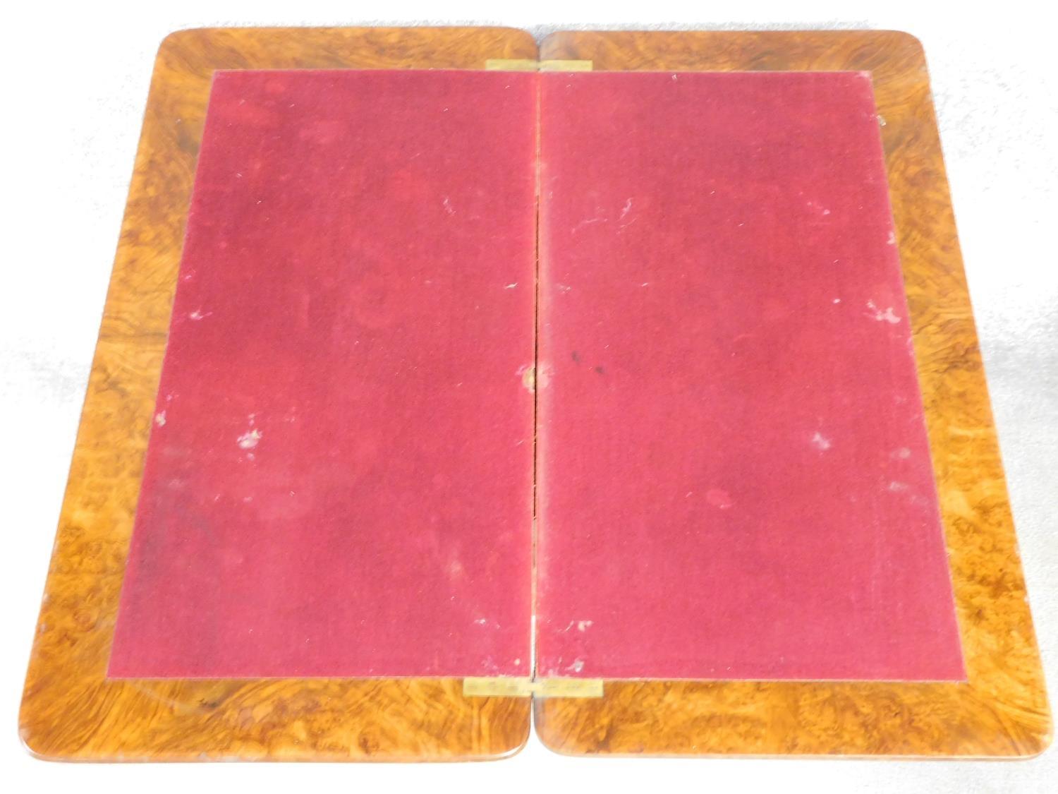 A Victorian burr walnut and satinwood inlaid card table with foldover top on quadruped column - Image 3 of 7