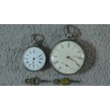 A pair of silver pocket watches, one French with white enamel dial and black Roman numerals,