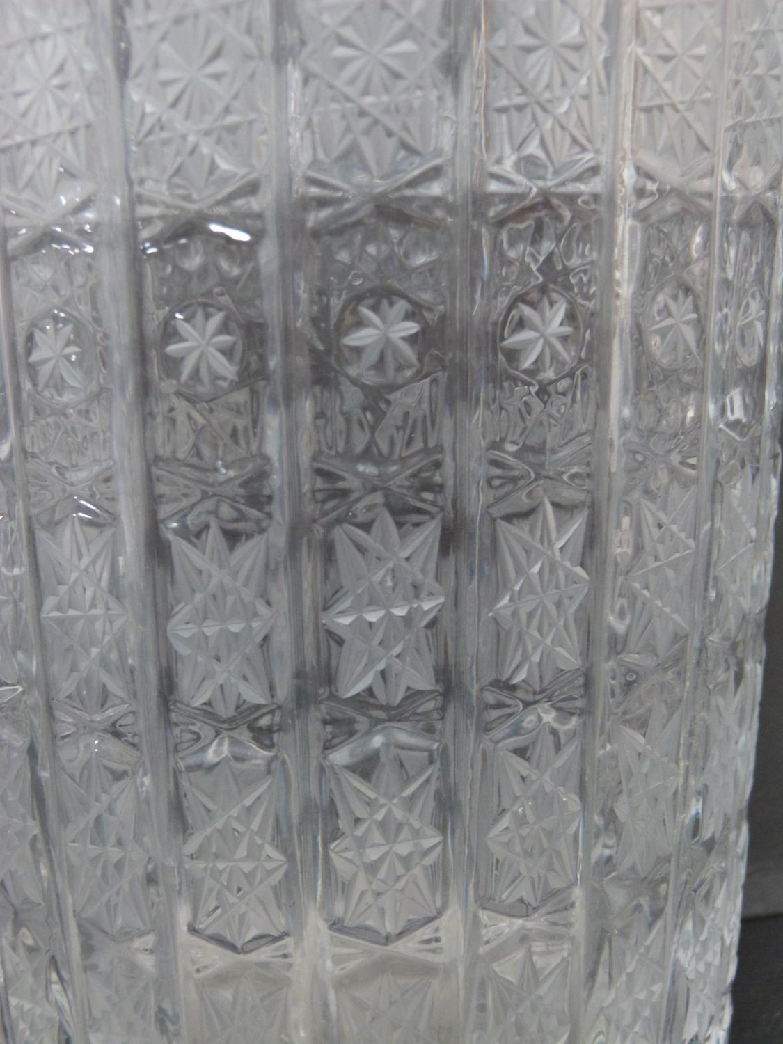 A ribbed antique Bohemian star cut engraved crystal vase with a zig zag edge. h29.5cm. - Image 2 of 9