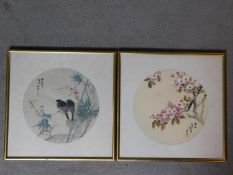 A pair of framed and glazed Japanese silk paintings. 40x40cm