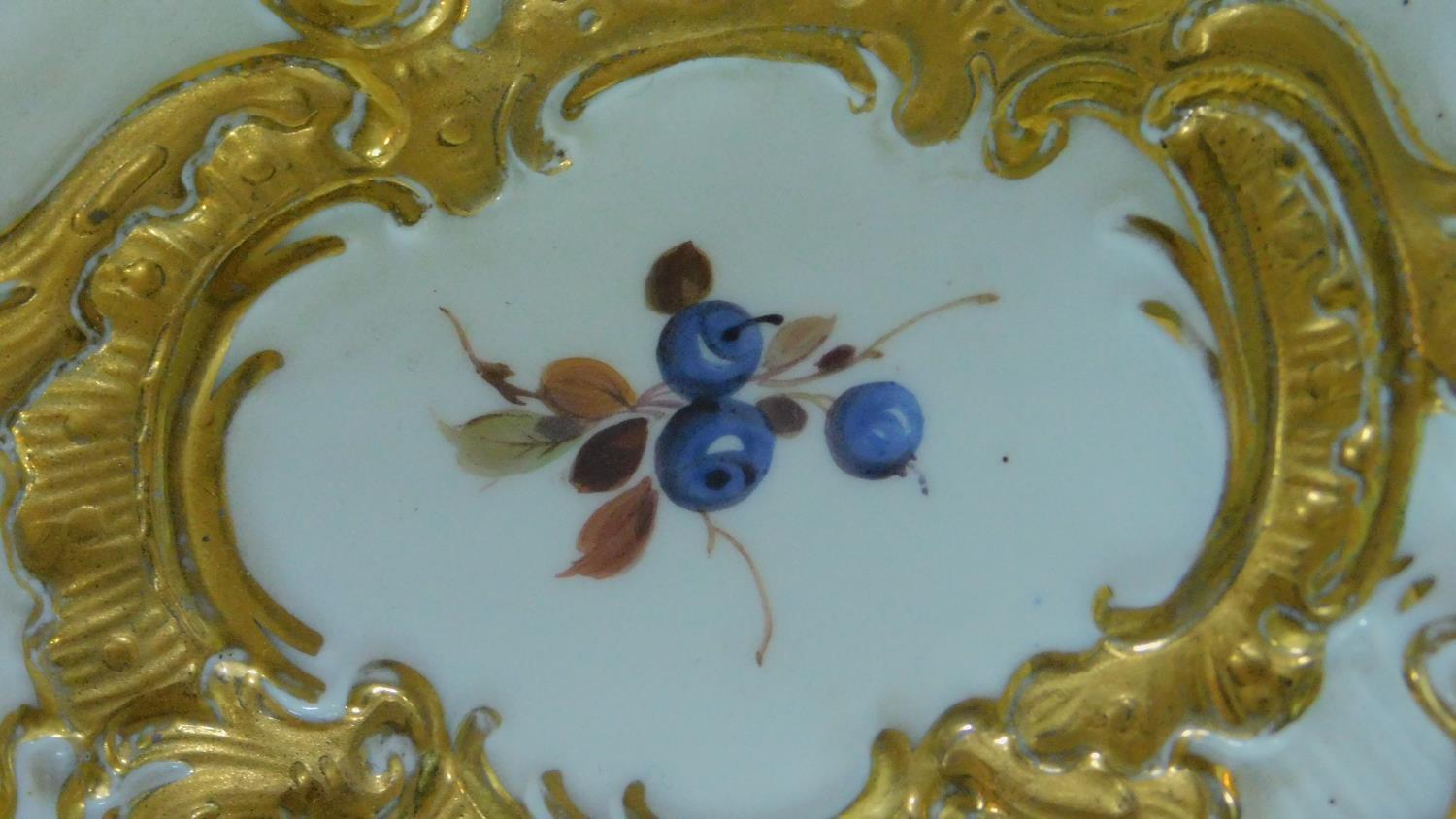 A Meissen handpainted and gilded fruit plate, with central cartouche depicting a lemon, plum, - Image 4 of 6