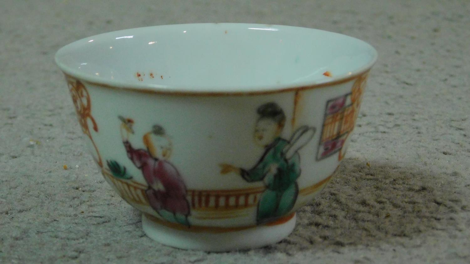 A collection of six antique hand painted porcelain tea bowls. Including four Chinese hand painted - Image 9 of 12