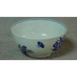 An 18th century blue and white hard paste porcelain Worcester footed bowl with floral and insect