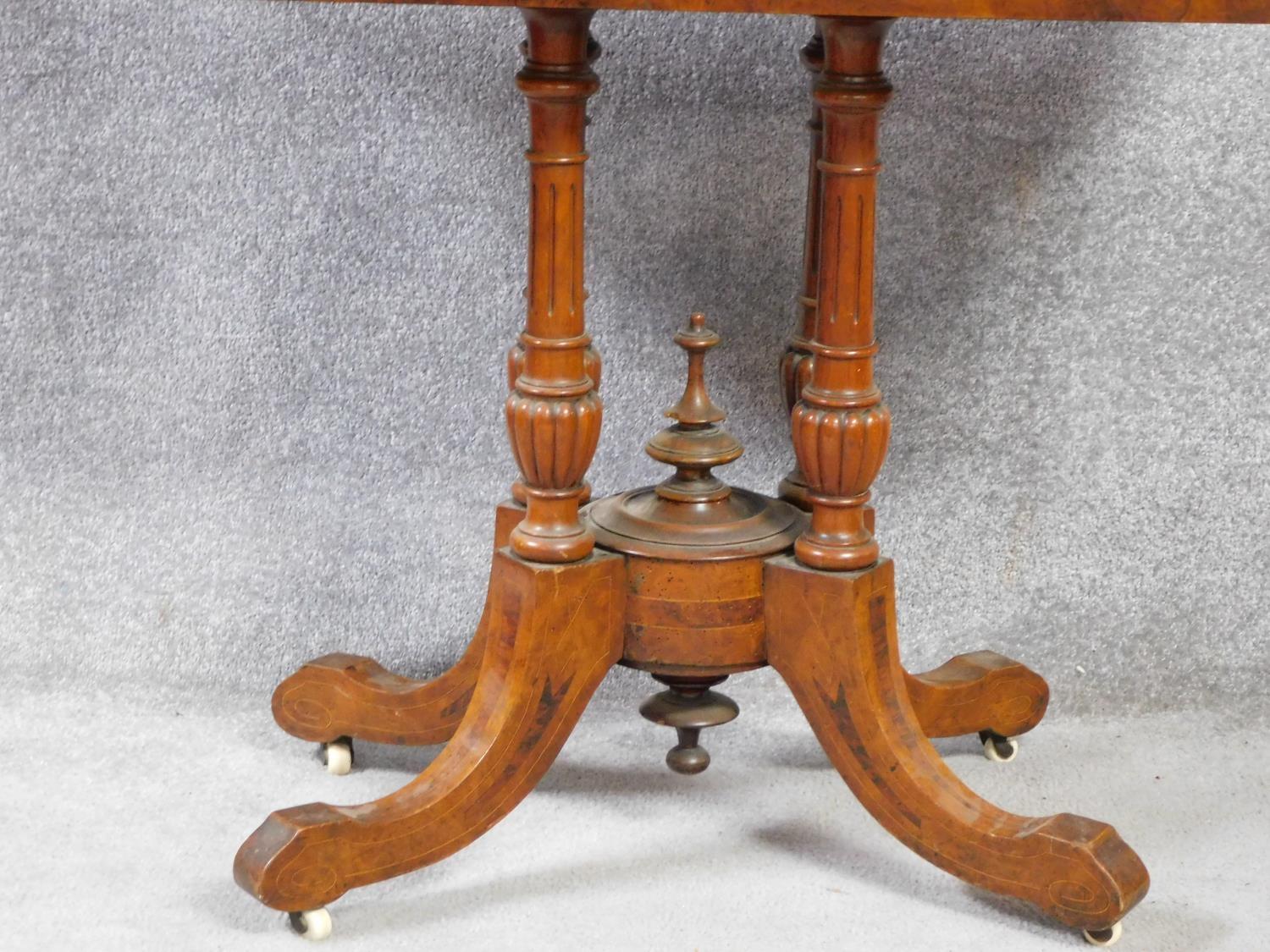 A Victorian burr walnut and satinwood inlaid card table with foldover top on quadruped column - Image 5 of 7