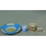 A miscellaneous collection of porcelain items. Including an antique hand painted porcelain patch