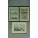 Three framed and glazed lithographs, one depicting a view of Chelsea and the river Thames, one