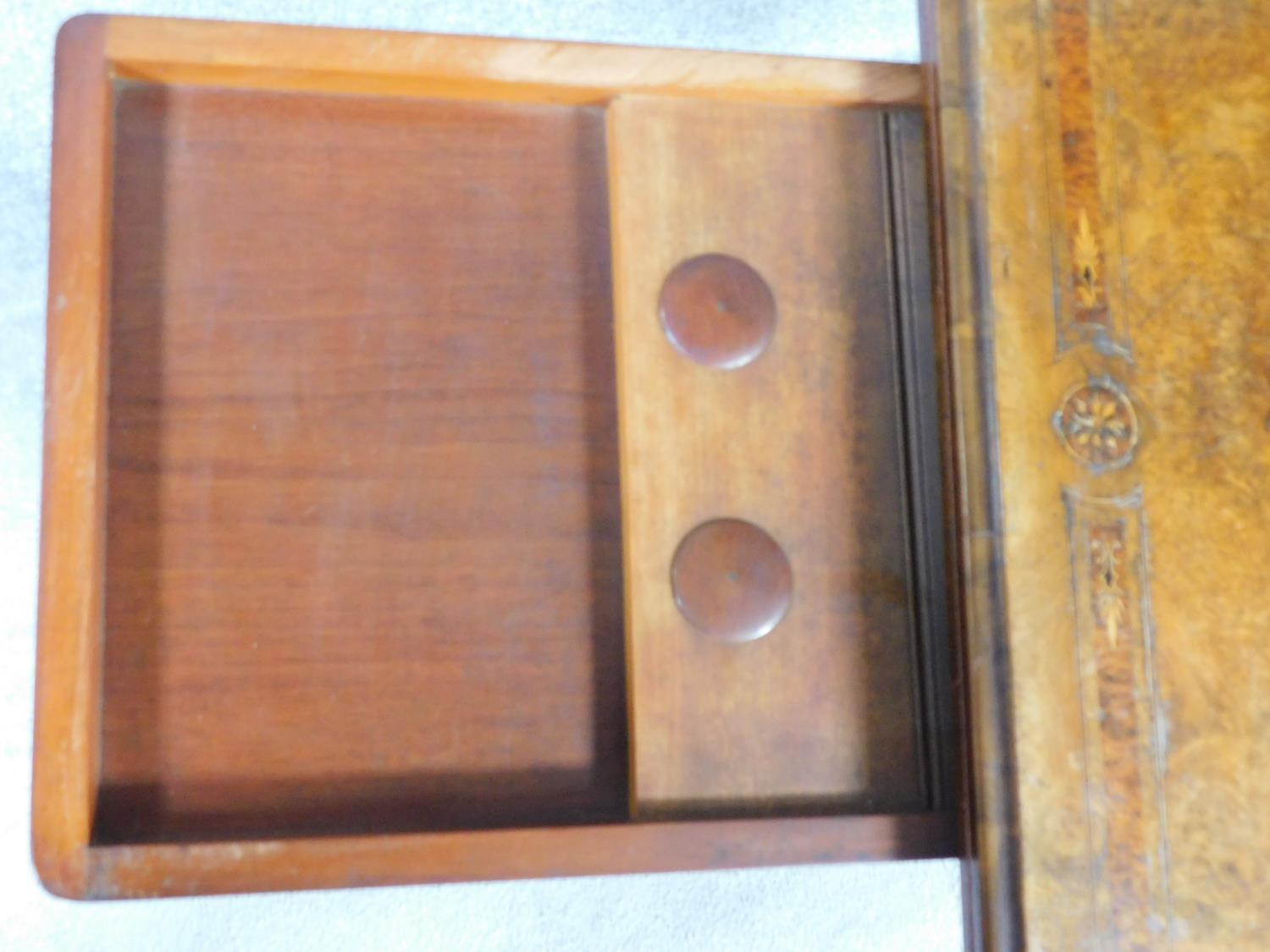 A Victorian burr walnut and satinwood inlaid card table with foldover top on quadruped column - Image 7 of 7