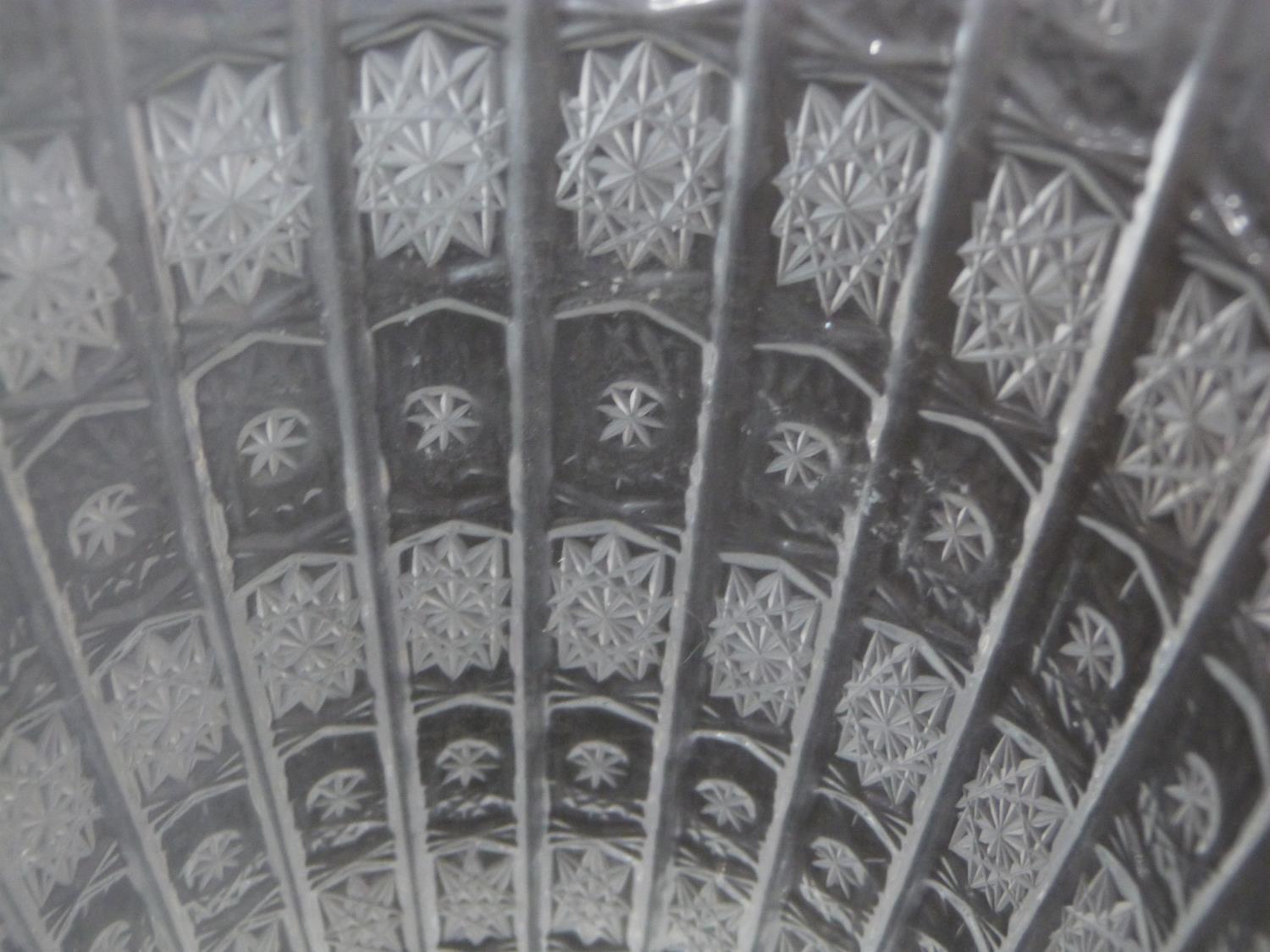 A ribbed antique Bohemian star cut engraved crystal vase with a zig zag edge. h29.5cm. - Image 6 of 9