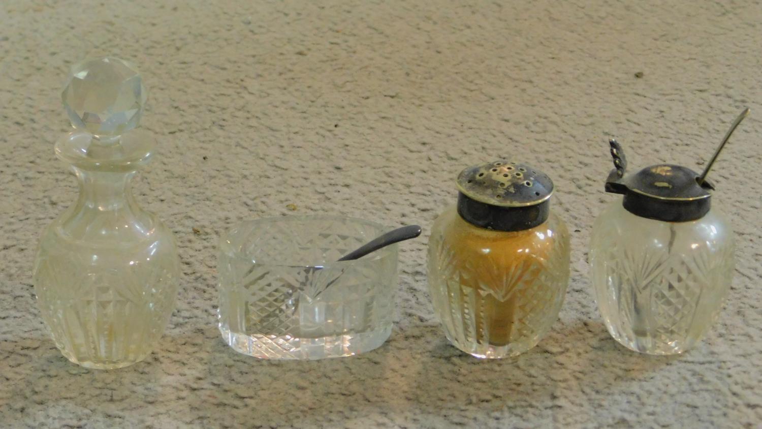 A collection of cut glass items. Including two antique diamond cut crystal perfume bottles with - Image 6 of 7