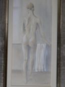 A framed and glazed pastel of a naked woman, by Lindsey Bennett, inscribed to back. 28x46cm