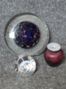 A collection of art glass. Including a Skookum, Robert Held iridescent feather glass scent bottle, a