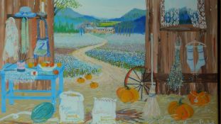 A framed oil on canvas by Argentina artist Virginia Bellati showing open barn doors with pumpkins