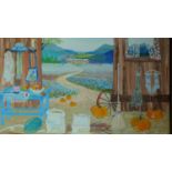 A framed oil on canvas by Argentina artist Virginia Bellati showing open barn doors with pumpkins