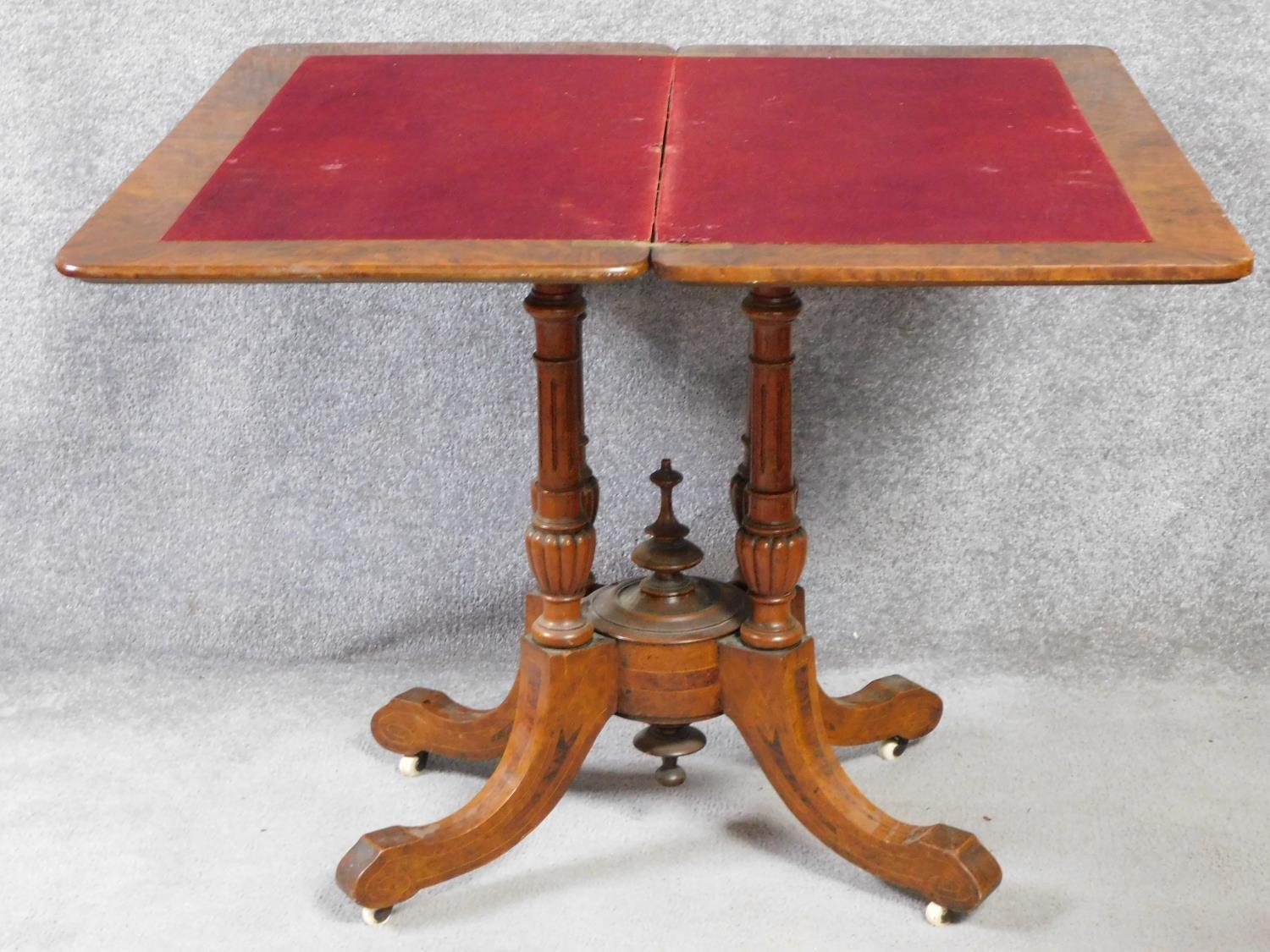 A Victorian burr walnut and satinwood inlaid card table with foldover top on quadruped column - Image 2 of 7