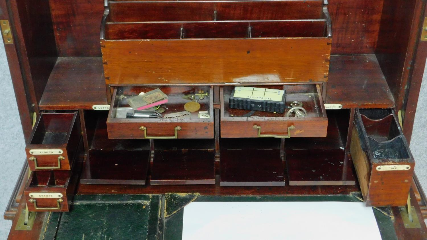 A late Victorian mahogany secretaire stationery cabinet on stand with fall front revealing fitted - Image 8 of 11