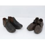 Two pairs of Victorian brown leather salesman sample/apprentice made leather, wood, iron and nail