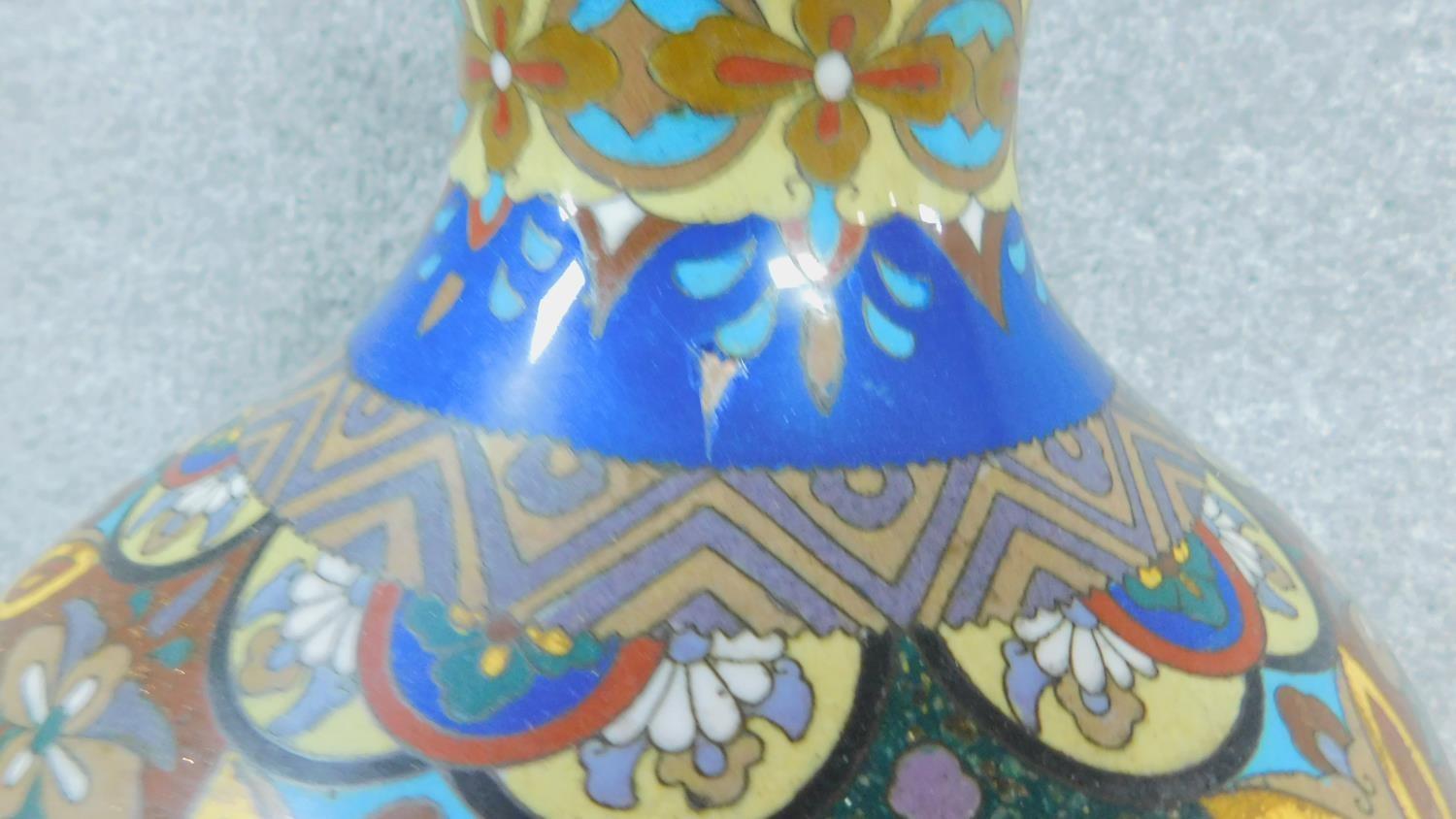 A pair of Meji Period Japanese cloisonné enamel vases, one converted into a lamp base. With dragon - Image 17 of 23