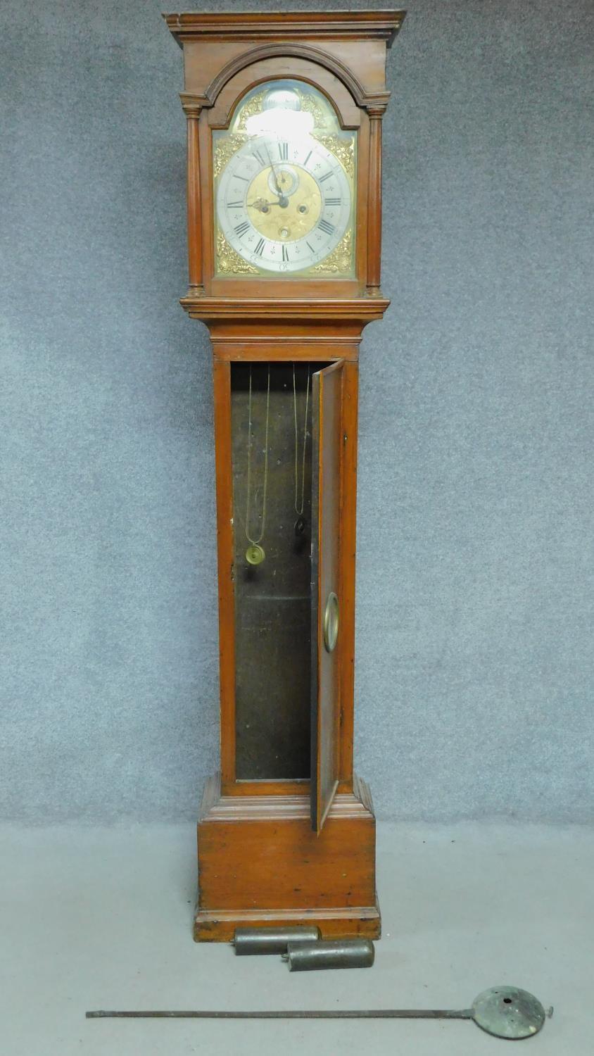 A pine cased 8 day longcase clock with brass dial, makers inscription Peter Rae of London. H.200