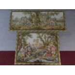 Two antique Aubusson style needlepoint tapestries both with foliate design borders. Depicting two