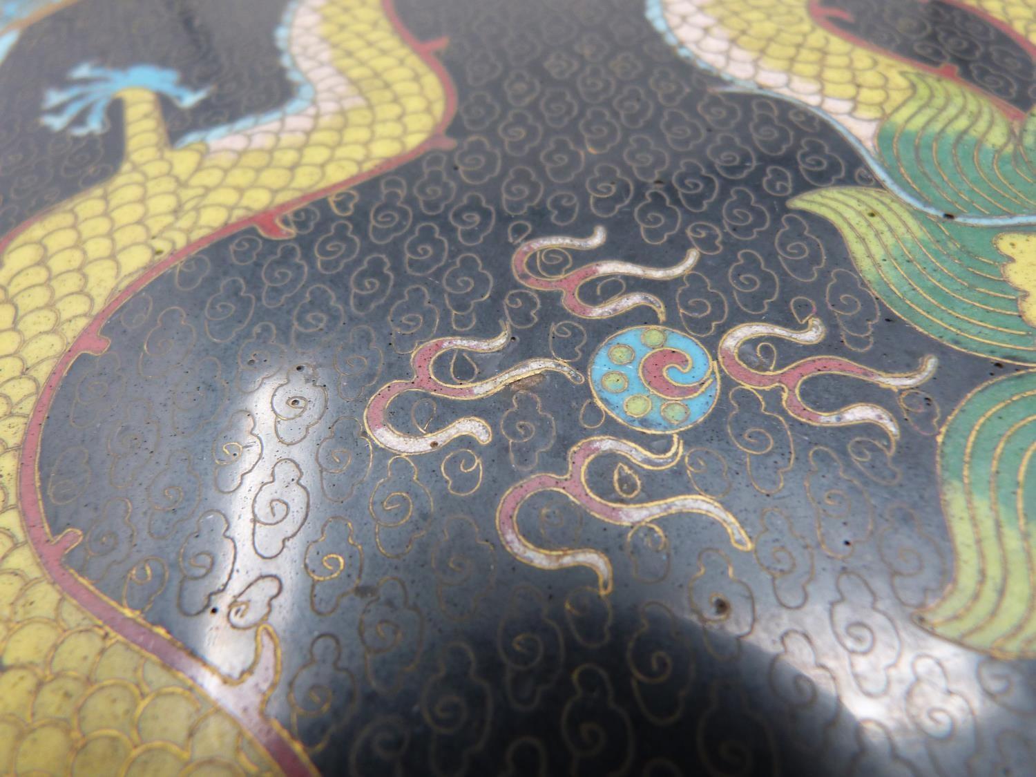 A 20th century Japanese cloisonné enamel dragon with flaming pearl rimmed platter with scroll and - Image 11 of 11