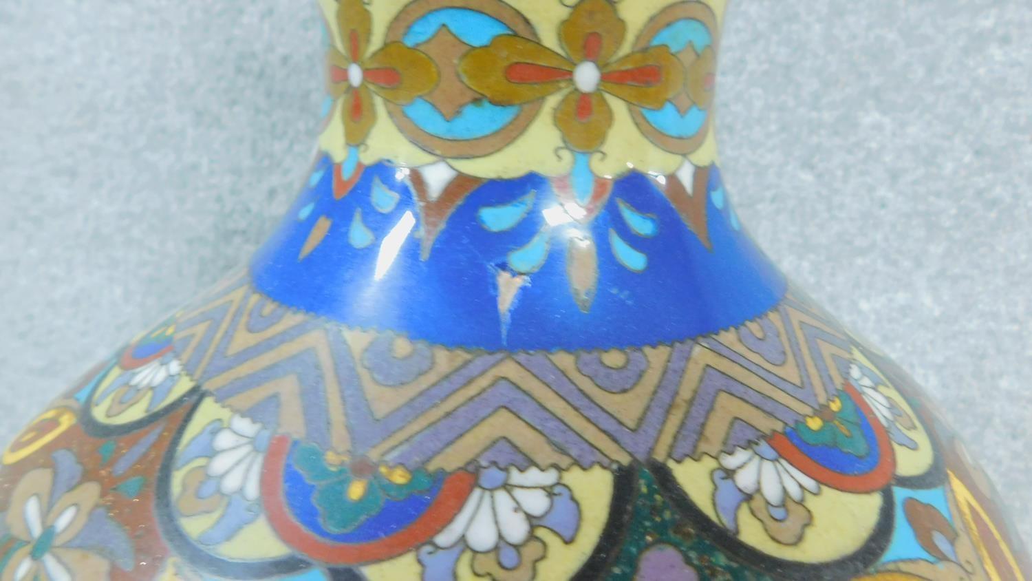 A pair of Meji Period Japanese cloisonné enamel vases, one converted into a lamp base. With dragon - Image 16 of 23