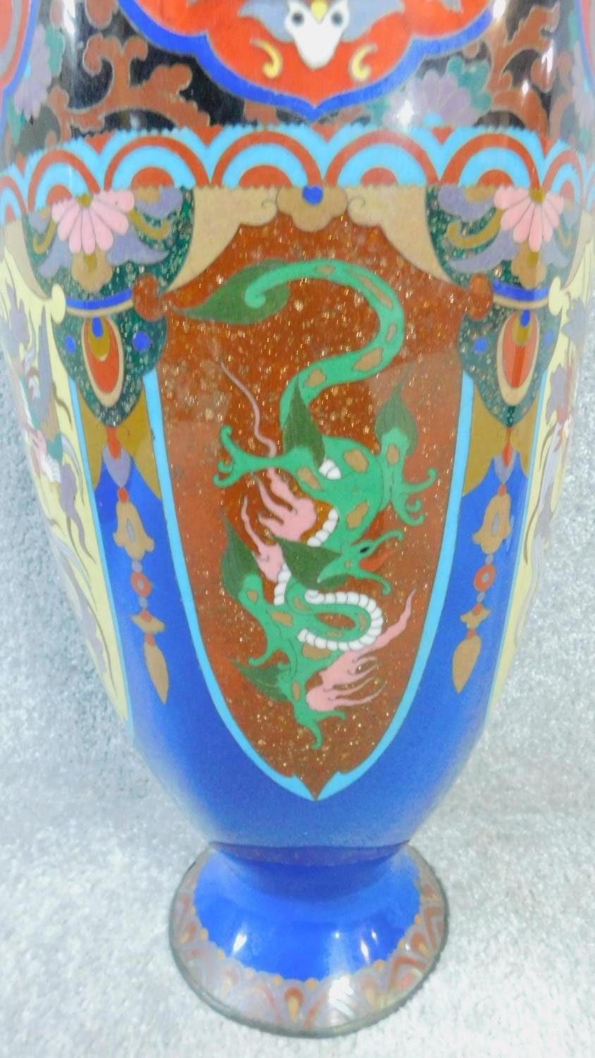 A pair of Meji Period Japanese cloisonné enamel vases, one converted into a lamp base. With dragon - Image 4 of 23