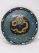 A 20th century Japanese cloisonné enamel dragon with flaming pearl rimmed platter with scroll and