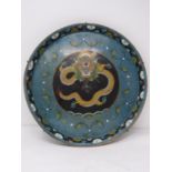 A 20th century Japanese cloisonné enamel dragon with flaming pearl rimmed platter with scroll and