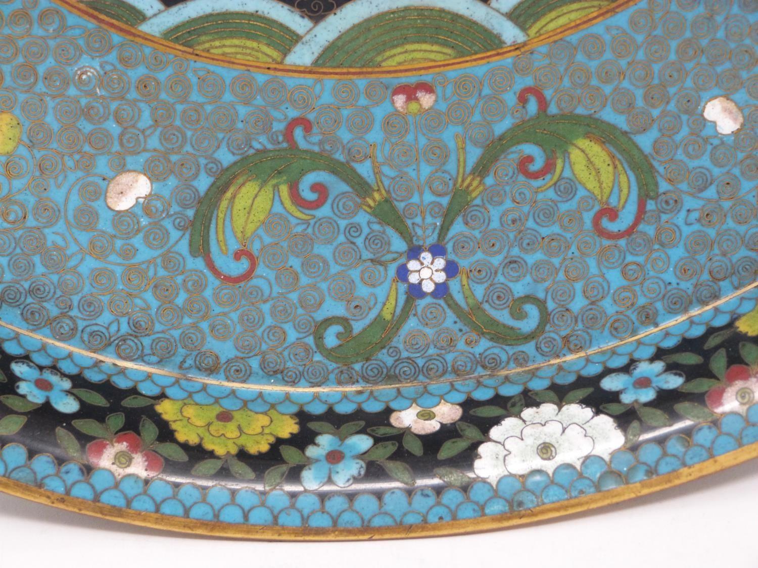 A 20th century Japanese cloisonné enamel dragon with flaming pearl rimmed platter with scroll and - Image 4 of 11