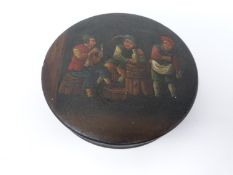 A Georgian hand painted papier-mâché round lidded snuffbox. Depicting three gentlemen, one smoking,