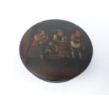 A Georgian hand painted papier-mâché round lidded snuffbox. Depicting three gentlemen, one smoking,