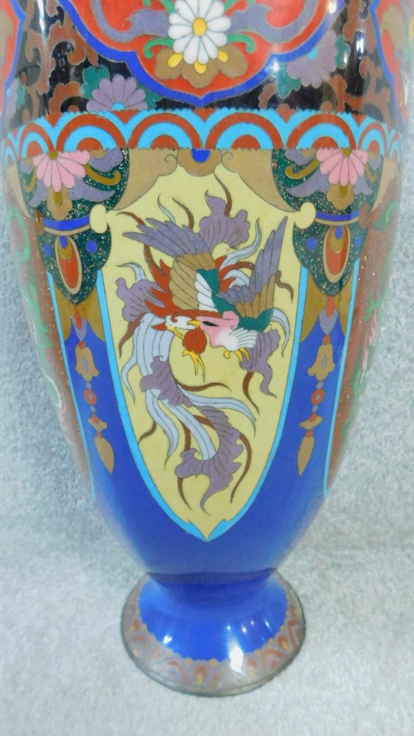 A pair of Meji Period Japanese cloisonné enamel vases, one converted into a lamp base. With dragon - Image 5 of 23