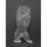 An engraved 19th century glass stirrup cup in the form of a heeled boot, engraved with ferns, ribbon