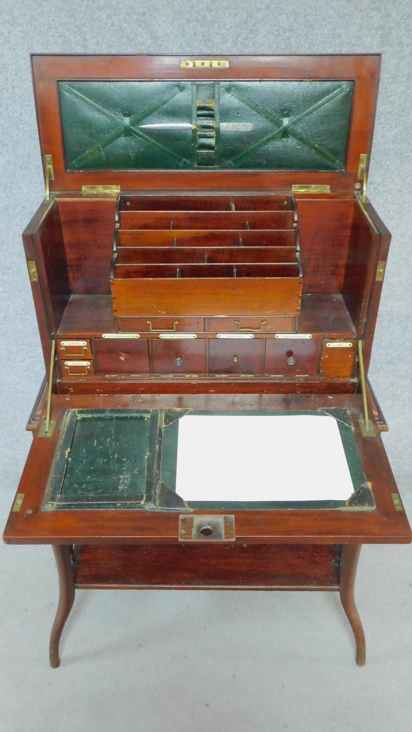 A late Victorian mahogany secretaire stationery cabinet on stand with fall front revealing fitted - Image 4 of 11