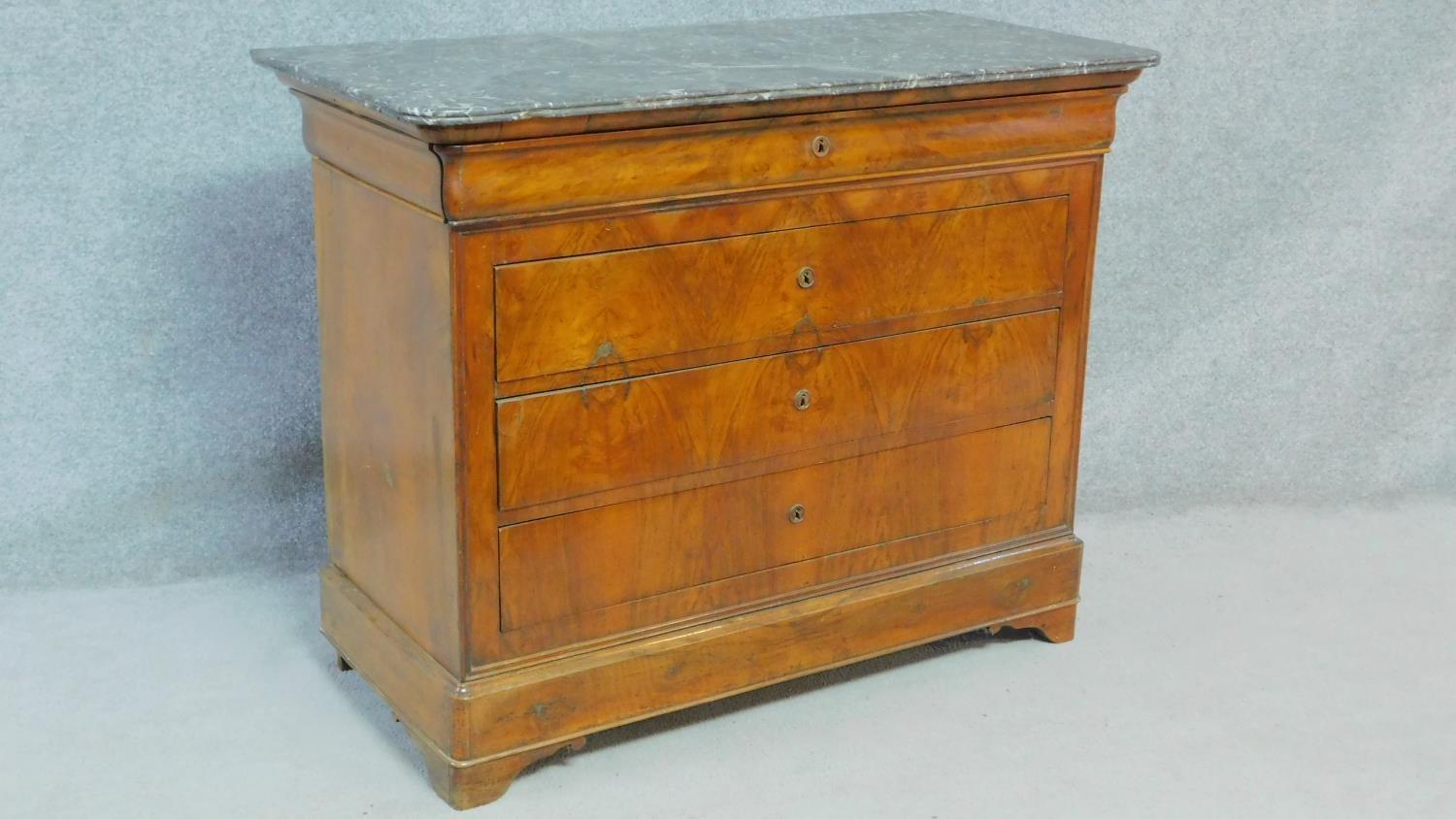 A late 19th century French Louis Philippe burr walnut commode with grey veined marble top and four - Image 2 of 5