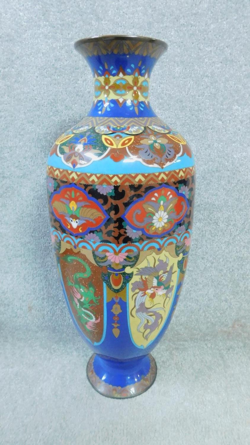 A pair of Meji Period Japanese cloisonné enamel vases, one converted into a lamp base. With dragon - Image 3 of 23