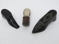 A collection of antique snuff boxes in the form of shoes. One Georgian black papermache heeled