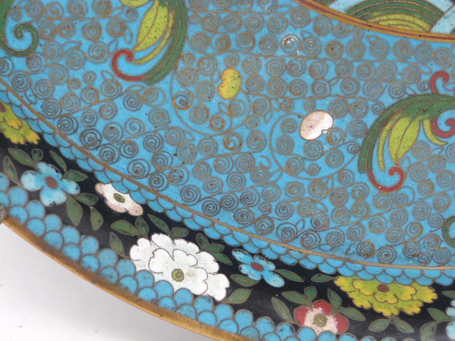 A 20th century Japanese cloisonné enamel dragon with flaming pearl rimmed platter with scroll and - Image 5 of 11