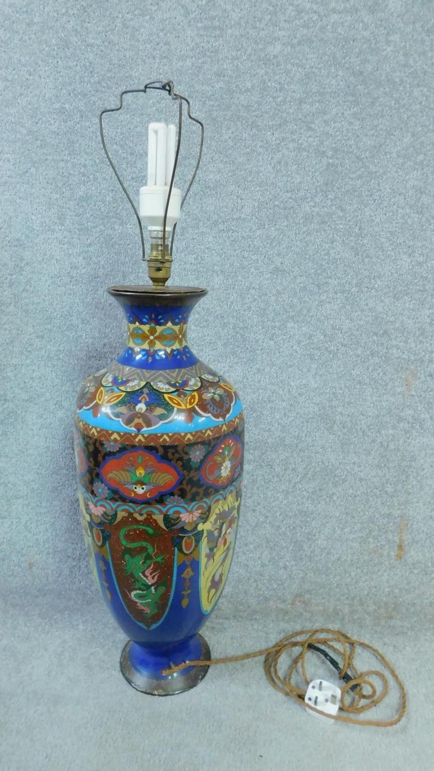 A pair of Meji Period Japanese cloisonné enamel vases, one converted into a lamp base. With dragon - Image 14 of 23