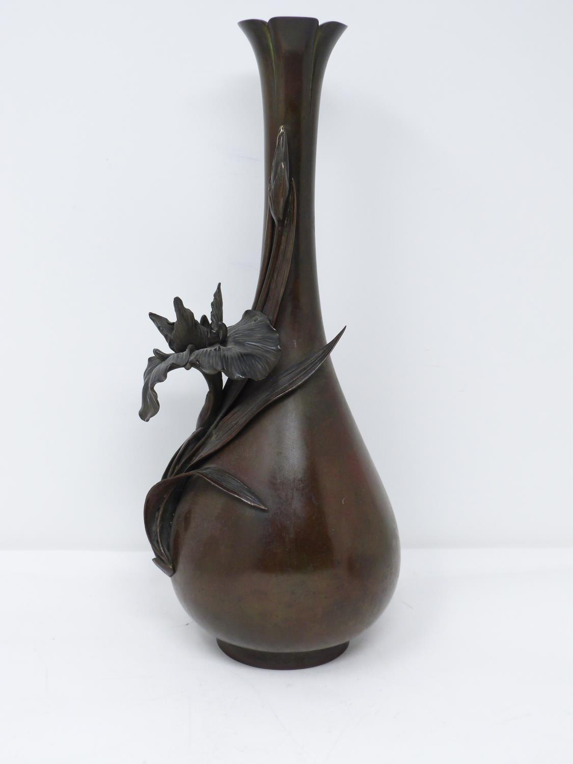 A Japanese Meji period relief bronze Iris vase. Artists signature to base. With sculpted form of - Image 5 of 11