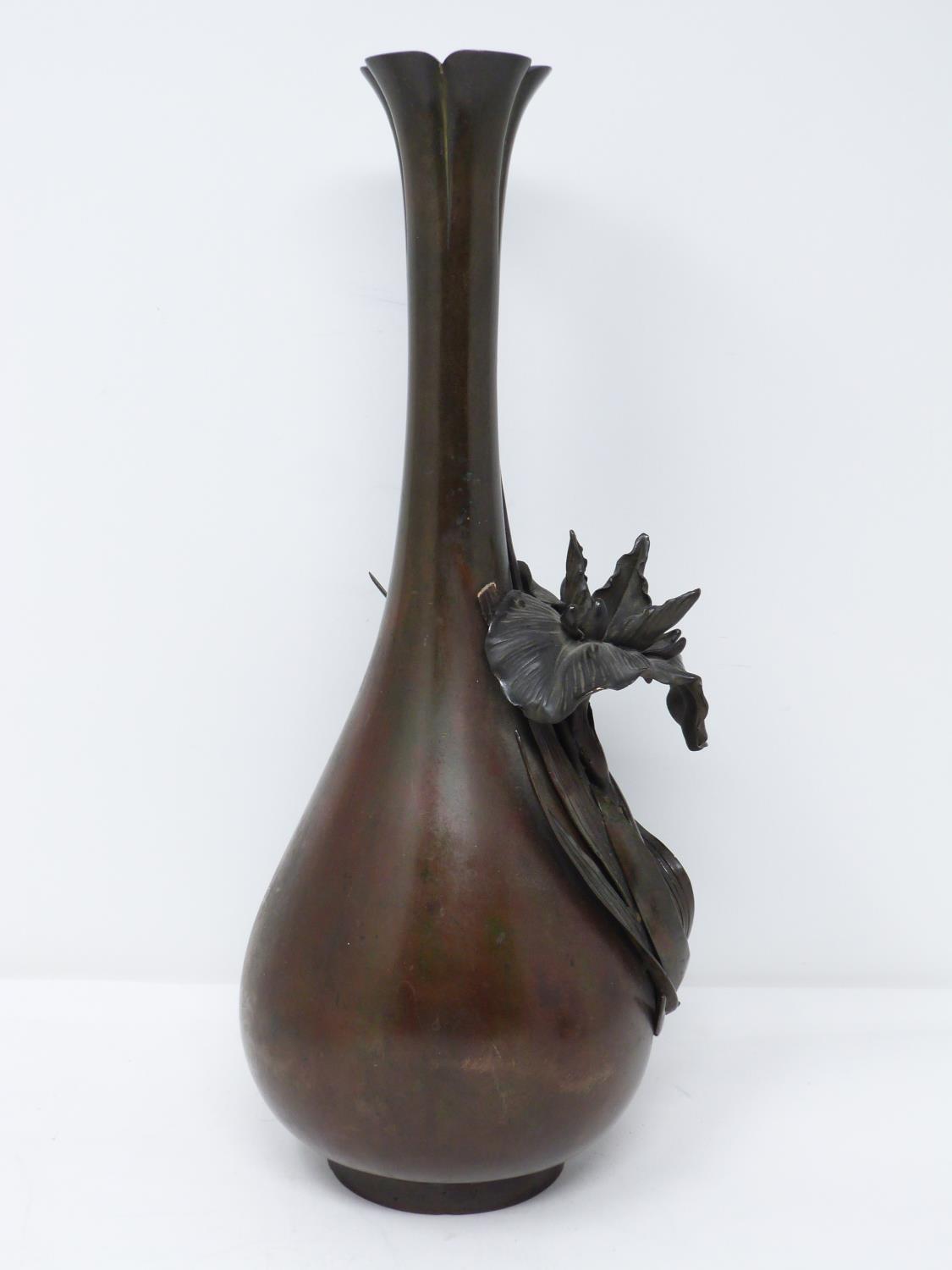 A Japanese Meji period relief bronze Iris vase. Artists signature to base. With sculpted form of - Image 3 of 11