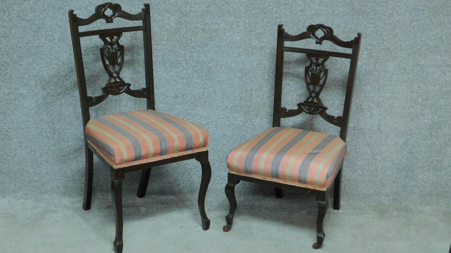 A set of three Edwardian style nursing chairs with carved back and shot silk candy stripe - Image 2 of 5