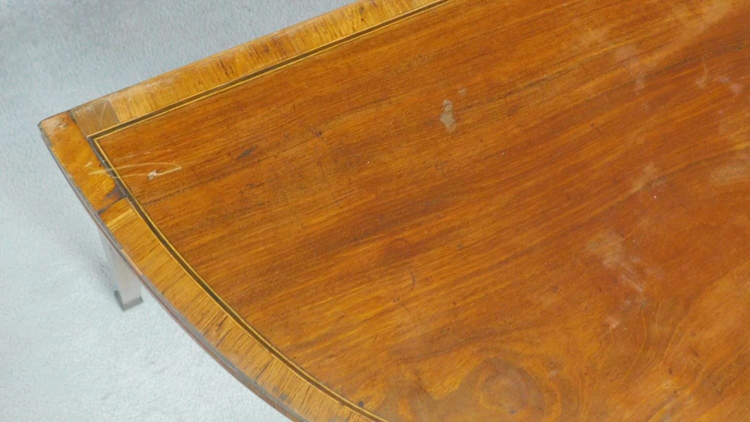 An Georgian mahogany and satinwood inlaid demi lune foldover top tea table on square tapering - Image 5 of 5