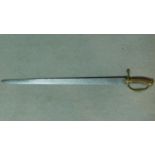 An 18th century English hanger sword, with repousse brass and deer antler handle, the 60cm blade