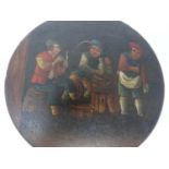A Georgian hand painted papier-mâché round lidded snuffbox. Depicting three gentlemen, one