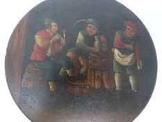 A Georgian hand painted papier-mâché round lidded snuffbox. Depicting three gentlemen, one