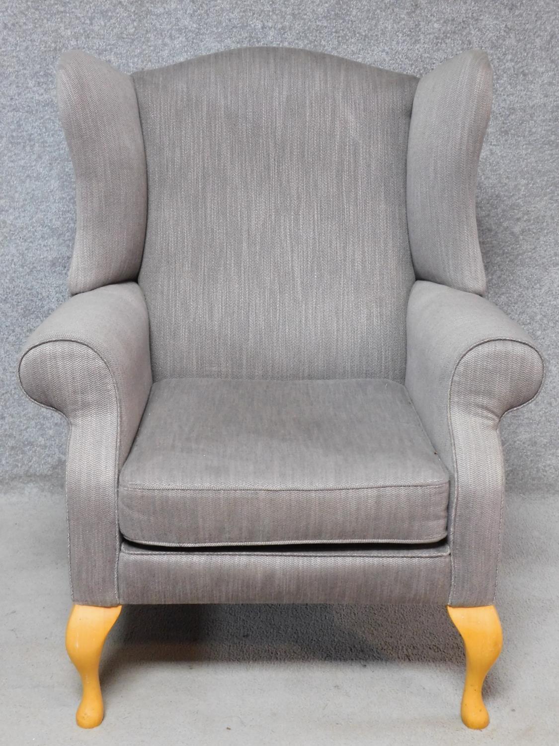 A Georgian style wing back armchair upholstered in pale grey velour on cabriole supports. H.108cm - Image 2 of 4