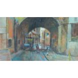 George Manchester (British 1922-1996) Oil on canvas, London street scene, gallery label verso,